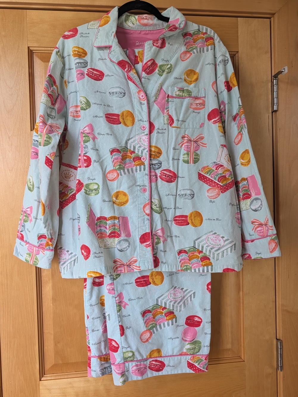 Nick & Nora Light Blue Macaron Print Pajama Set with Pink Trim